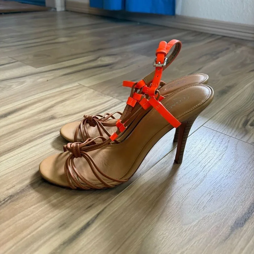 Coach Womens Fluorescent Orange Tan Lana Leather Strappy Heel Sandal Size 7.5